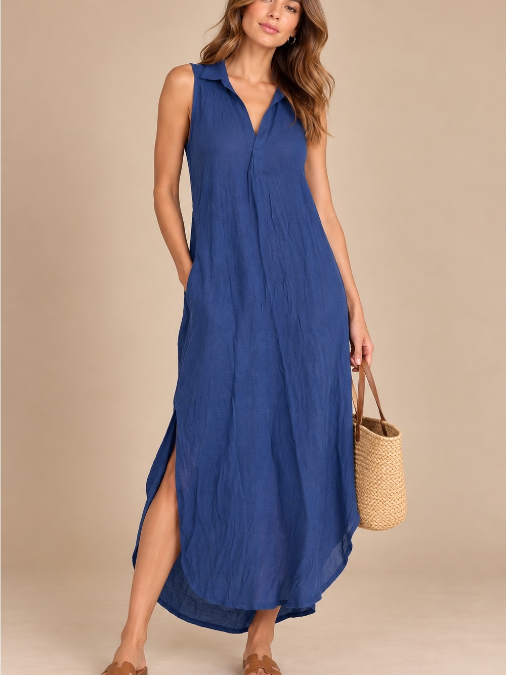 Navy Blue Sleeveless Collared V Neck Midi Shirt Dress Size L